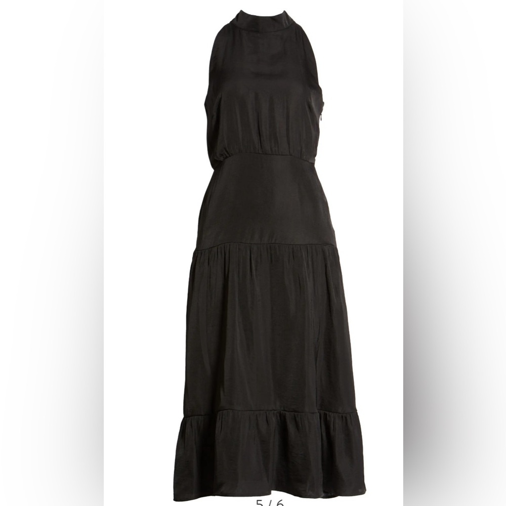 Sam Edelman Women’s High Neck Tiered Hem Sleeveless Midi Satin Dress Black - Picture 5 of 5